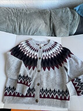 Lucky Brand Gray Fair Isle Cardigan with Burgundy & Black Pattern